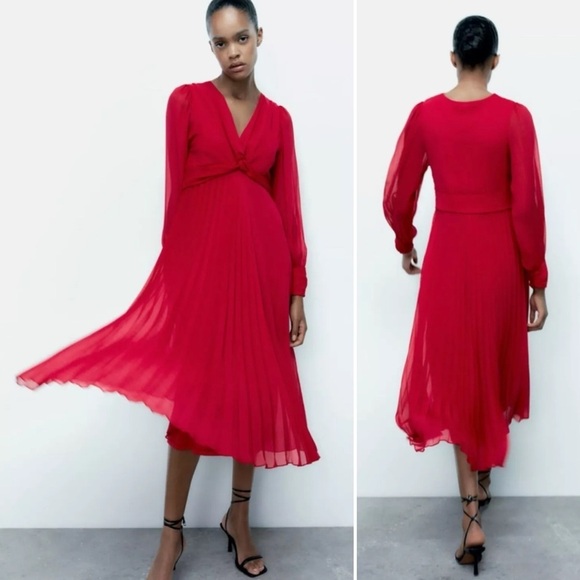 ZARA Pleated Midi Dress Large Fuchsia pink solid long sleeve flowy twist front - Picture 1 of 14